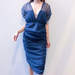 LAURA EGLOFF Mesh Gathered Blue Maxi Dress